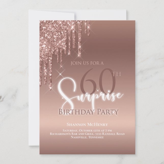 Invitación Purpurina 60 Aniversario Glam Ombre Blanco Rosa (Anverso)