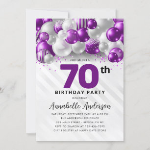 Invitación Purpurina 70º cumpleaños del globo de plata violet
