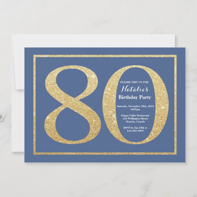Invitación Purpurina 80 de cumpleaños azul y oro (Anverso)