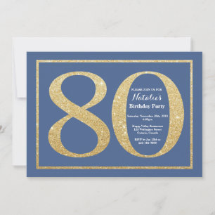 Invitación Purpurina 80 de cumpleaños azul y oro