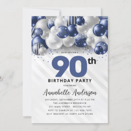 Invitación Purpurina 90º cumpleaños del globo Navy Blue Silve