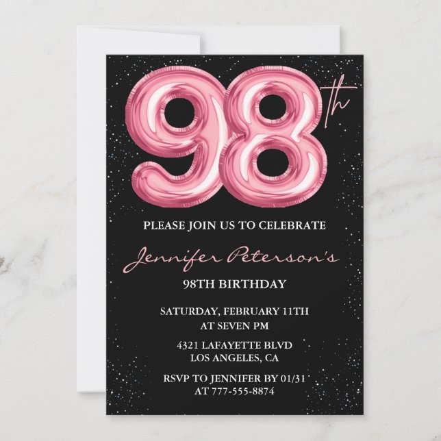 Invitación Purpurina 98 cumpleaños del globo negro rosa Glam (Anverso)