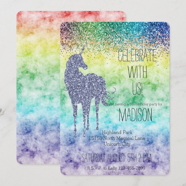 Invitación Purpurina acuarela arcoiris púrpura Unicorn (Anverso / Reverso)
