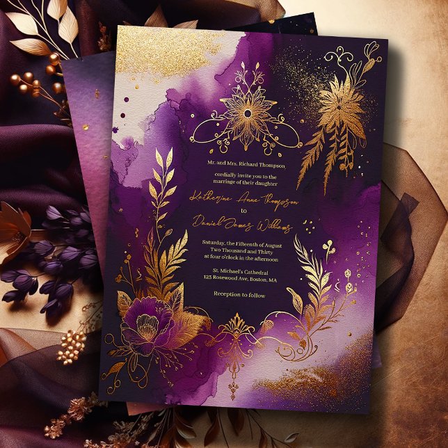 Invitación Purpurina acuarela Boda morado y dorado floral (Subido por el creador)