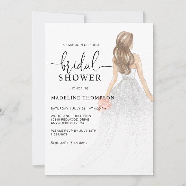 Invitación Purpurina acuarela Dusty Novia Rosa Ducha Bridal (Anverso)