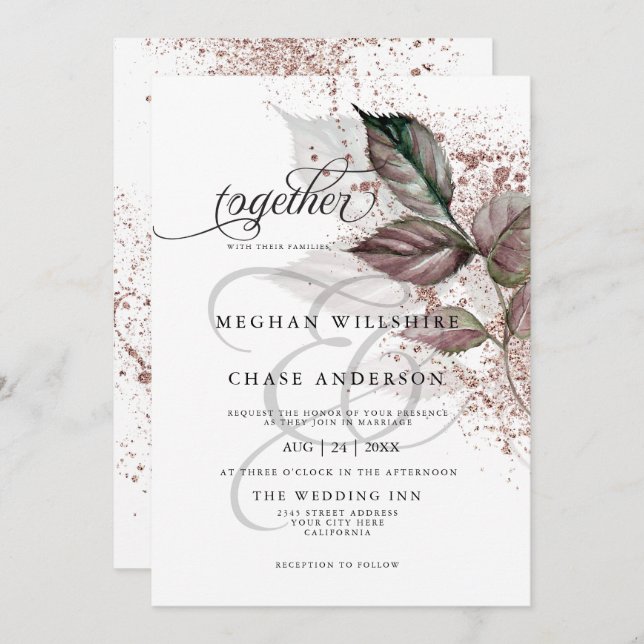 Invitación Purpurina acuático moderno Foliage BarefootBride™ (Anverso / Reverso)