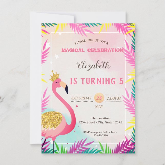 Invitación Purpurina Adorable Hojas De Palmilla Rosada Flamin (Anverso)