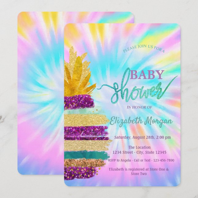 Invitación Purpurina Adorable Pineapple Tie Dye Baby Shower (Anverso / Reverso)