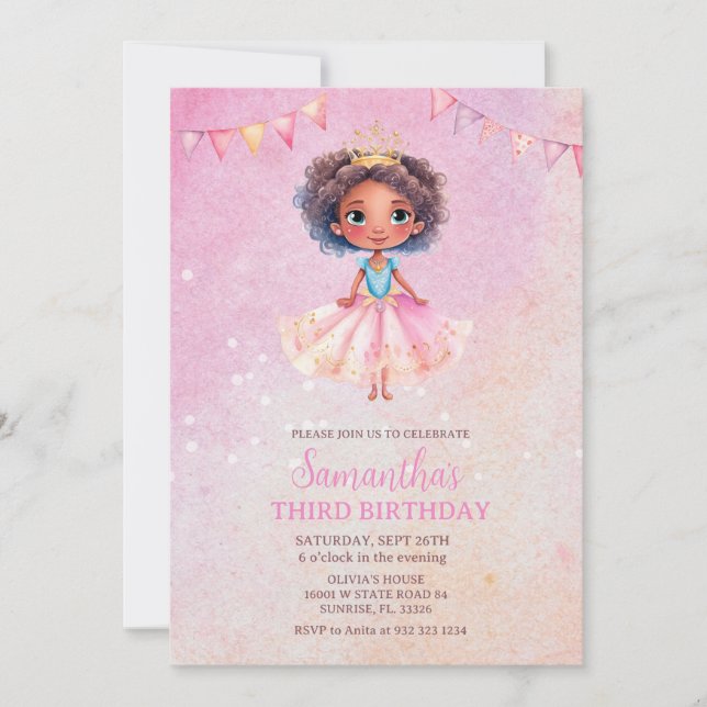 Invitación Purpurina afroamericano Chica cumpleaños (Anverso)