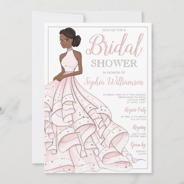Invitación Purpurina afroamericano Glam Bridal Shower (Anverso)