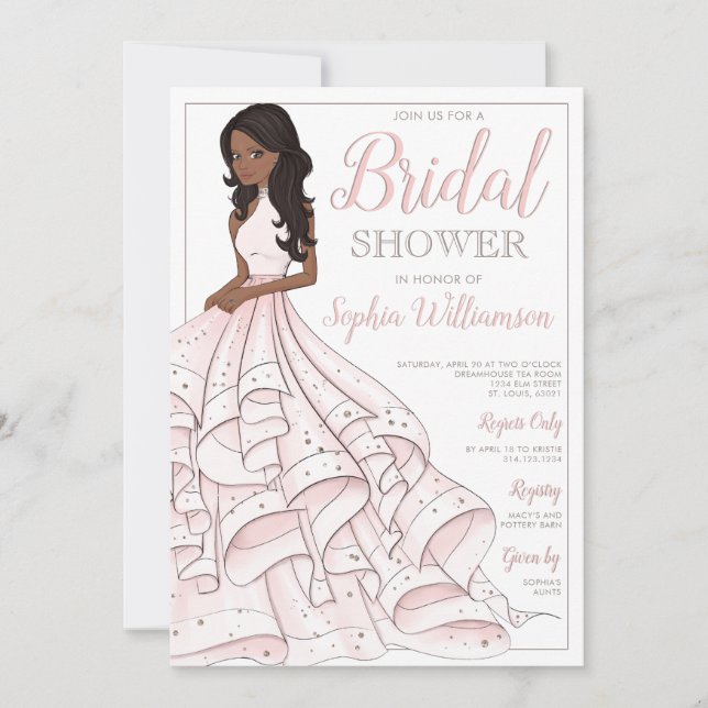 Invitación Purpurina afroamericano Glam Bridal Shower (Anverso)