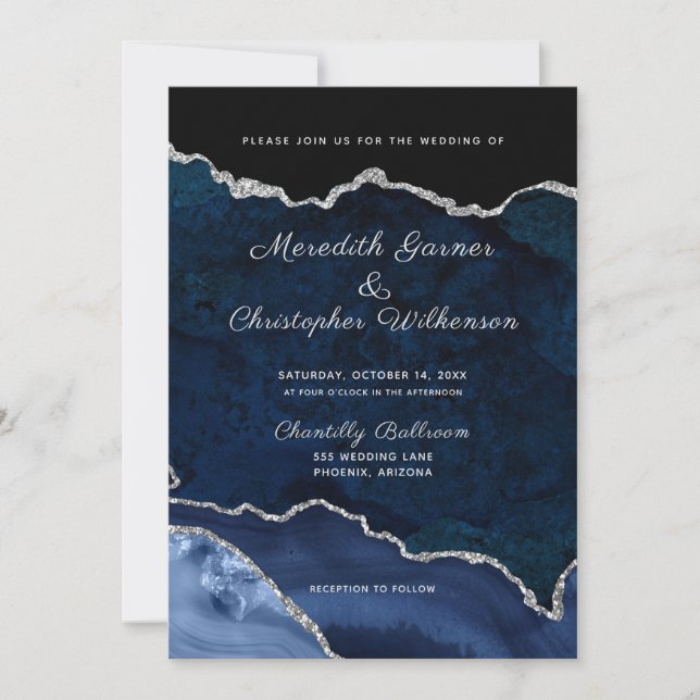 Invitación Purpurina Agate Geode Boda de Navy Blue Silver (Anverso)