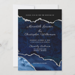 Invitación Purpurina Agate Geode Boda de Navy Blue Silver