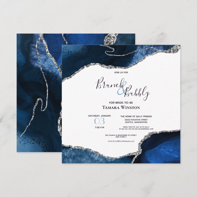 Invitación Purpurina Agate Shower de la Marina Bubbly Brunch (Anverso / Reverso)