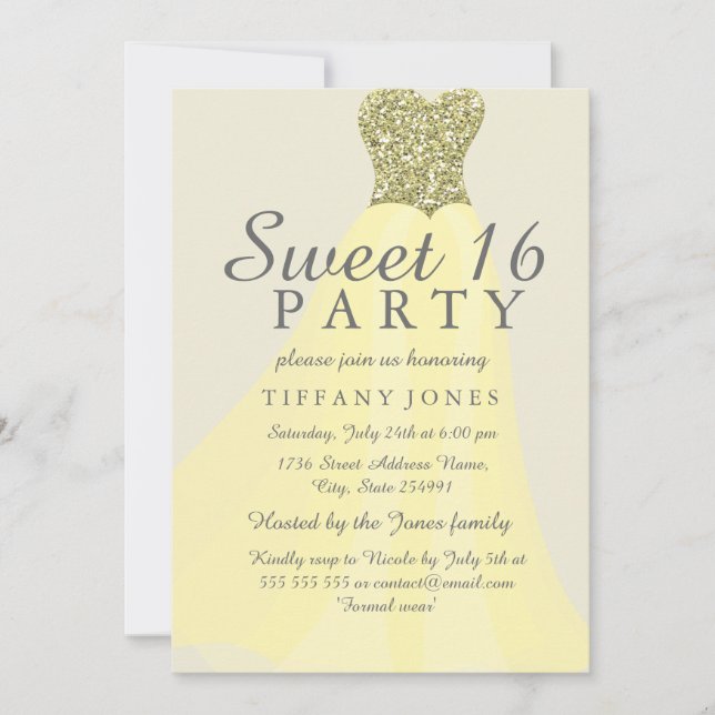 Invitación Purpurina Amarillo Sparkling Gown Sweet 16 Invite (Anverso)