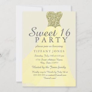 Invitación Purpurina Amarillo Sparkling Gown Sweet 16 Invite