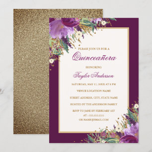 Invitación Purpurina Amethyst Gold Purple Floral Quinceanera