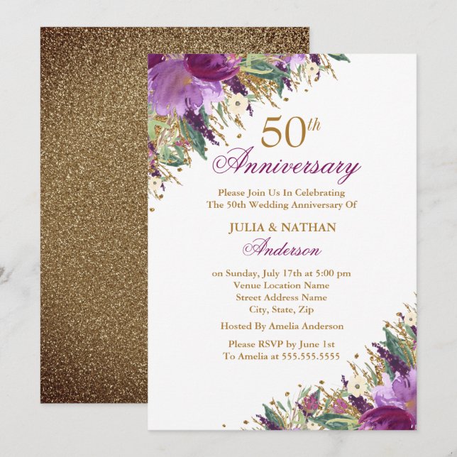 Invitación Purpurina Amethyst Purple Floral 50º aniversario (Anverso / Reverso)