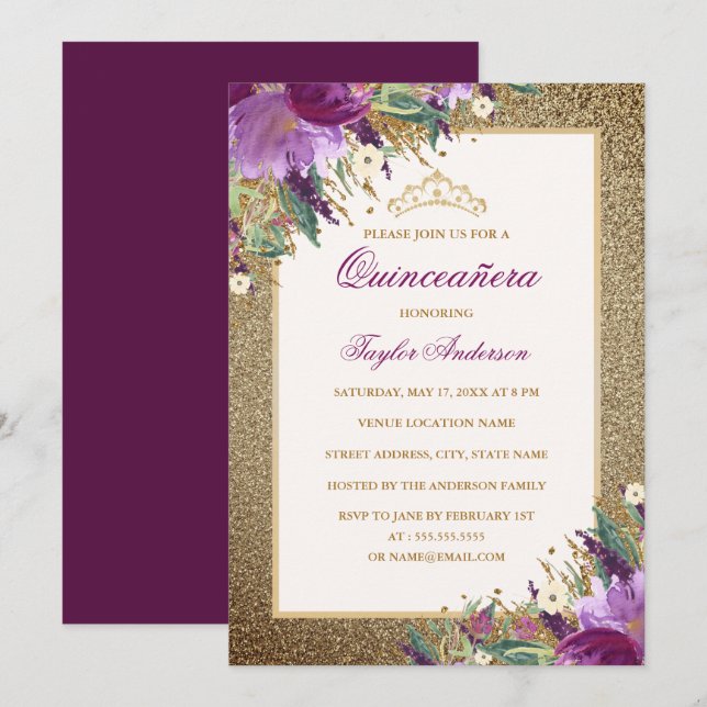 Invitación Purpurina Amethyst Purple Floral Tiara Quinceanera (Anverso / Reverso)