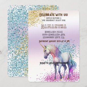 Invitación Purpurina Aqua Gold Pink Unicorn