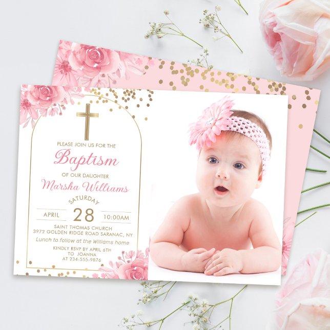 Invitación Purpurina Arch Gold Chica floral rosa Baptism Foto (Subido por el creador)