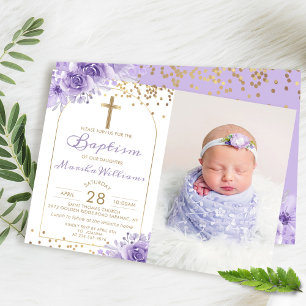 Invitación Purpurina Arch Gold Chica Morado Floral Baptismo F