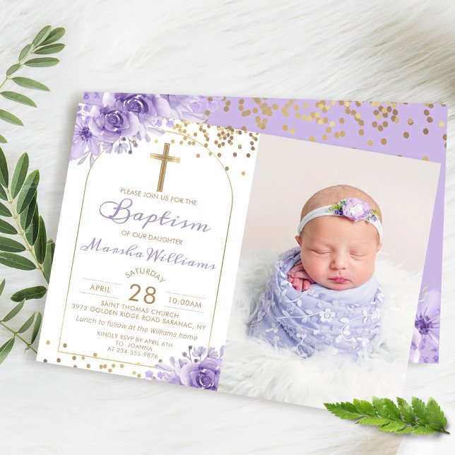 Invitación Purpurina Arch Gold Chica Morado Floral Baptismo F (Subido por el creador)