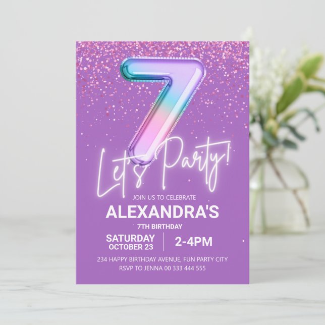 Invitación Purpurina arcoiris Chica 7º globo de cumpleaños Ne (Anverso de pie)