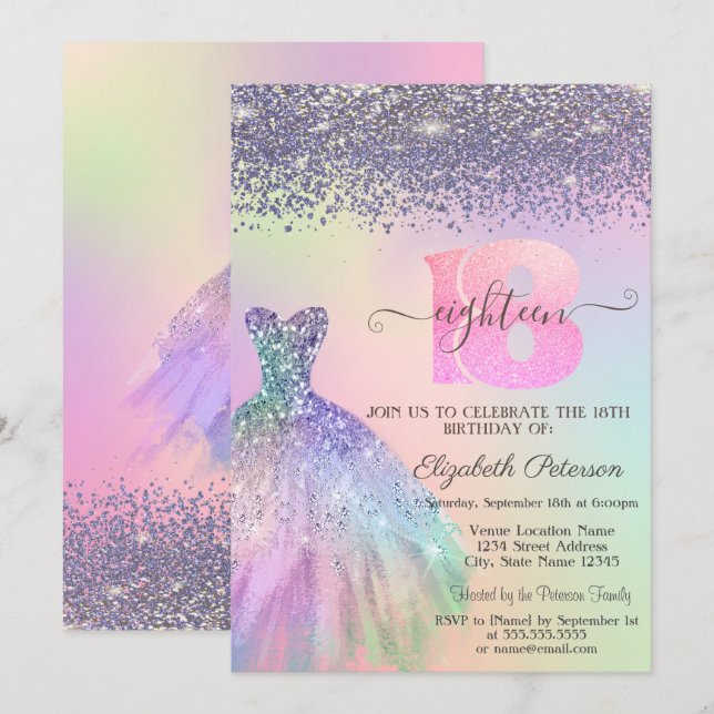 Invitación Purpurina arcoiris con diamantes 18 cumpleaños (Anverso / Reverso)