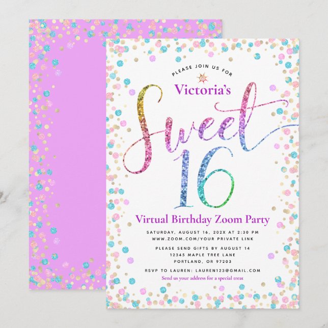 Invitación Purpurina arcoiris Confetti dulce virtual 16 cumpl (Anverso / Reverso)