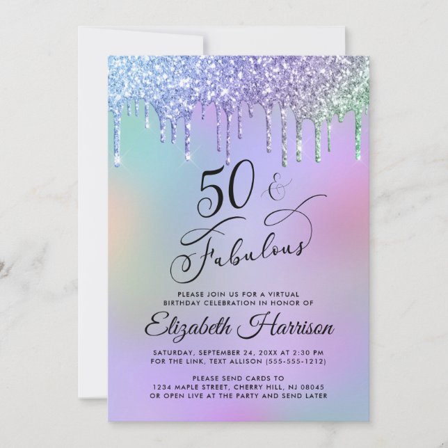 Invitación Purpurina arcoiris de la 50.ª fiesta de cumpleaños (Anverso)