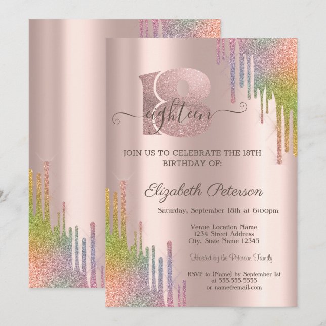 Invitación Purpurina arcoiris gotea oro Rosa 18 cumpleaños (Anverso / Reverso)