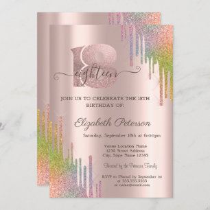 Invitación Purpurina arcoiris gotea oro Rosa 18 cumpleaños