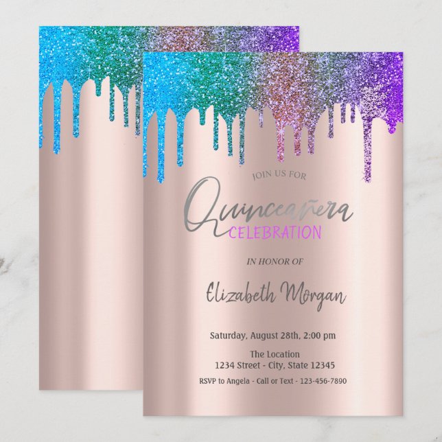 Invitación Purpurina arcoiris gotea oro Rosa Quinceañera (Anverso / Reverso)