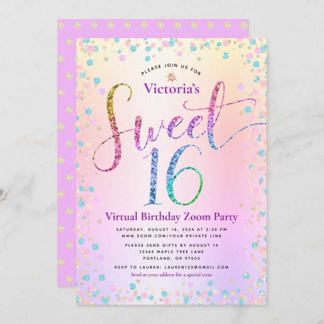 Invitación Purpurina arcoiris Ombre Dulce Virtual 16 Cumpleañ (Anverso / Reverso)