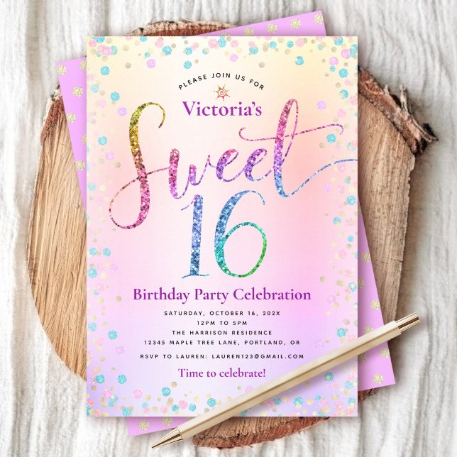 Invitación Purpurina arcoiris Ombre Script Dulce 16 Cumpleaño (Subido por el creador)