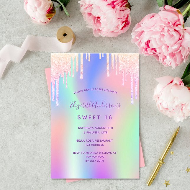Invitación Purpurina arcoiris rosa rosado oro Sweet 16 cumple (Subido por el creador)