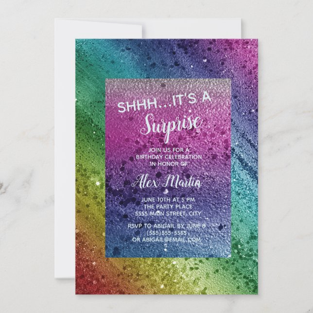 Invitación Purpurina arcoiris sparkle sorpresa morada cumplea (Anverso)