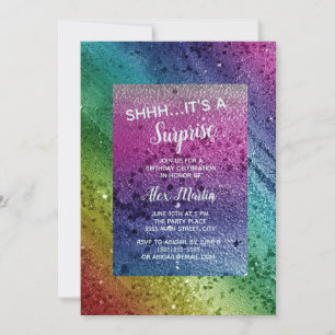 Invitación Purpurina arcoiris sparkle sorpresa morada cumplea