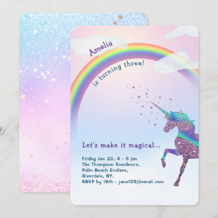 Invitación Purpurina arcoiris unicornio con cumpleaños mágico