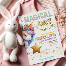 Invitación Purpurina arcoiris unicornio primer cumpleaños Inv