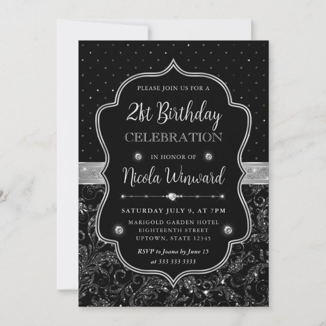 Invitación Purpurina Art Deco Negro y Plata 21º cumpleaños (Anverso)
