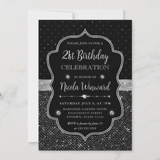 Invitación Purpurina Art Deco Negro y Plata 21º cumpleaños (Anverso)