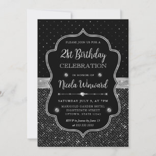 Invitación Purpurina Art Deco Negro y Plata 21º cumpleaños