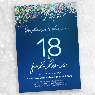 Invitación Purpurina azul 18 y fabulosa fiesta de cumpleaños