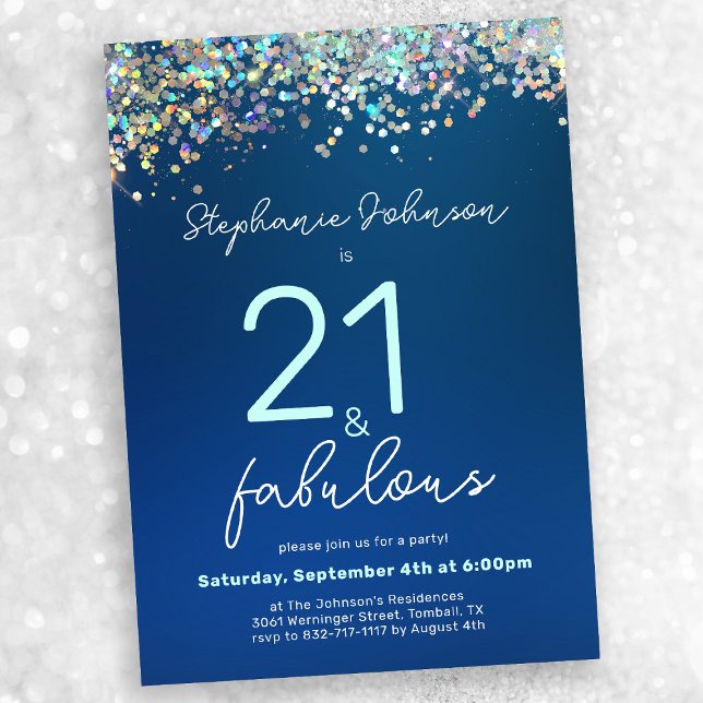 Invitación Purpurina azul 21 y fabuloso Fiesta de cumpleaños  (Mock-up view)