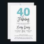 Invitación Purpurina azul 40 y fabuloso | 40.º Fiesta de cump<br><div class="desc">Una moda,  elegante,  invitación para fotos de 40 años que puedes personalizar y enviar para tu fiesta de 40 años. Las palabras "40 and Fabulous" en purpurina negro y azul turquesa están dispuestas usando caligrafía elegante y tipografía moderna. Diseñado exclusivamente para usted por Happy Dolphin Studio! @happydolphinstudio</div>