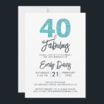 Invitación Purpurina azul 40 y fabuloso | 40.º Fiesta de cump<br><div class="desc">Una moda,  elegante,  invitación para fotos de 40 años que puedes personalizar y enviar para tu fiesta de 40 años. Las palabras "40 and Fabulous" en purpurina negro y azul turquesa están dispuestas usando caligrafía elegante y tipografía moderna. Diseñado exclusivamente para usted por Happy Dolphin Studio! @happydolphinstudio</div>