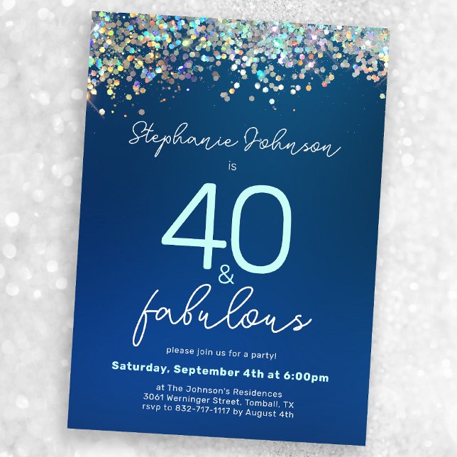 Invitación Purpurina azul 40 y fabuloso Fiesta de cumpleaños  (Mock-up view)