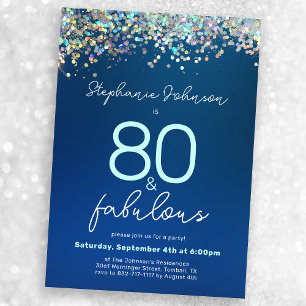 Invitación Purpurina azul 80 y fabulosa fiesta de cumpleaños 